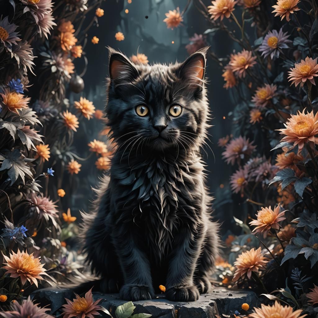 Fluffy Black Kitten in Detailed Fantasy Art