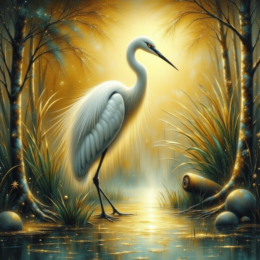 White Crane in Swamp with Gold Glitter