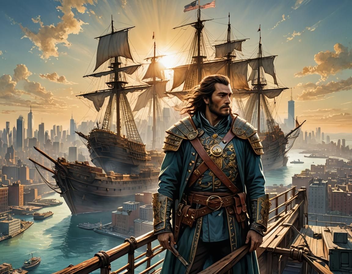 Columbus Sails to New York: Digital Watercolor Art