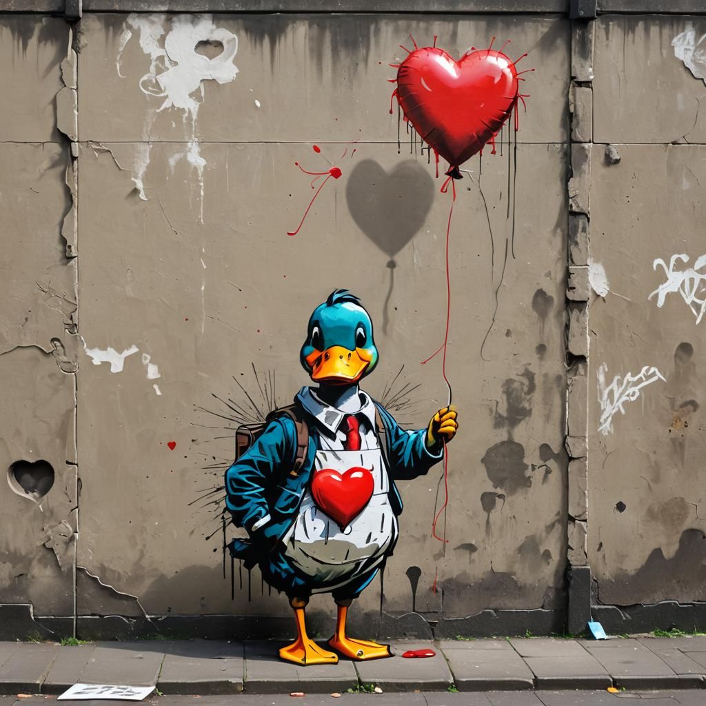 Banksy Style Graffiti Duck with Red Balloon