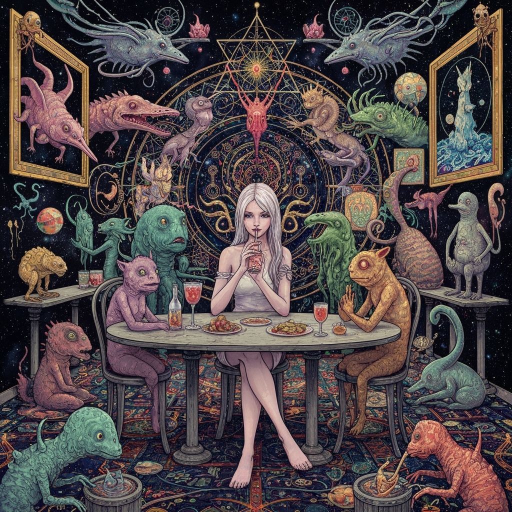 Surreal Galactic Cafe Scene in Maximalist Style