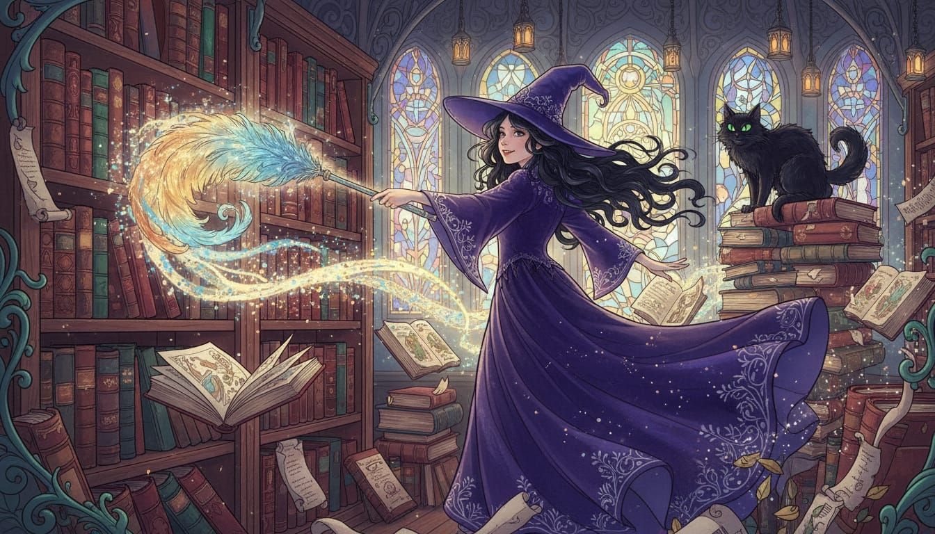 Whimsical Witch Dusts Enchanted Bookshelves with Magic