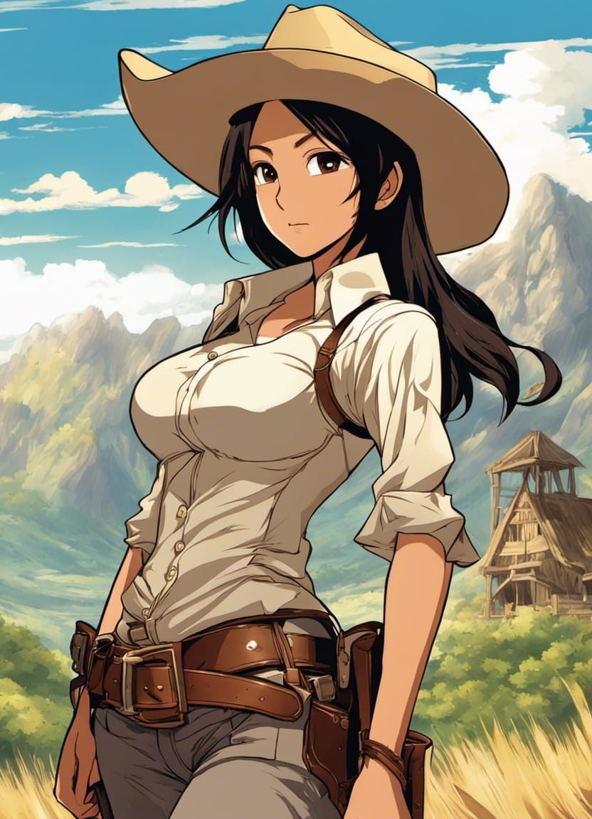 Anime Indonesian Cowgirl in Tropical Landscape