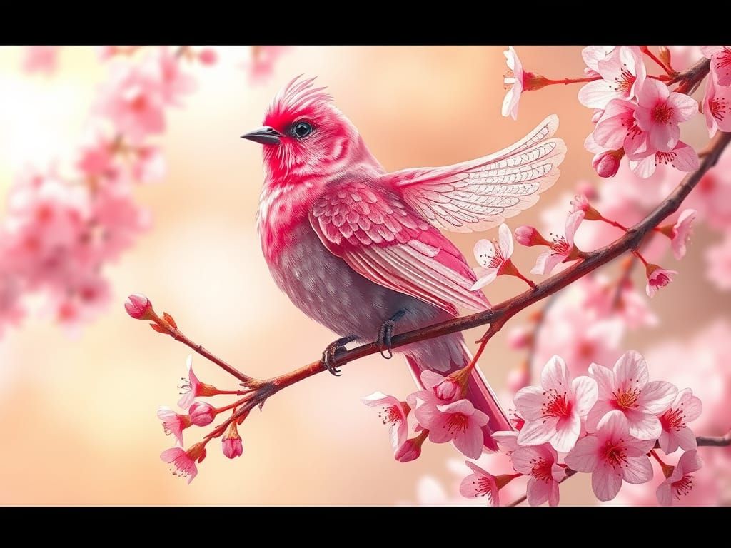 Elegant Pink Bird Amidst Cherry Blossoms in Dreamy Impressio...