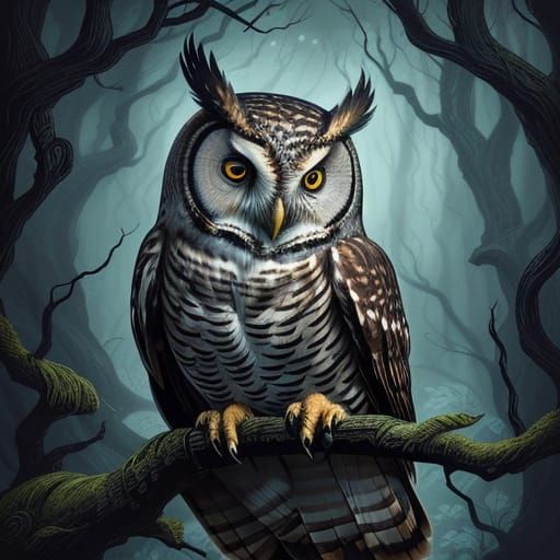Mystical Owl Woodcut Art in Enchanted Forest