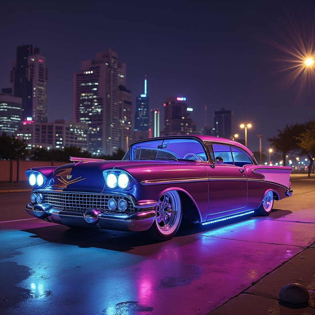 Houston Slab Car with Neon Underglow at Night