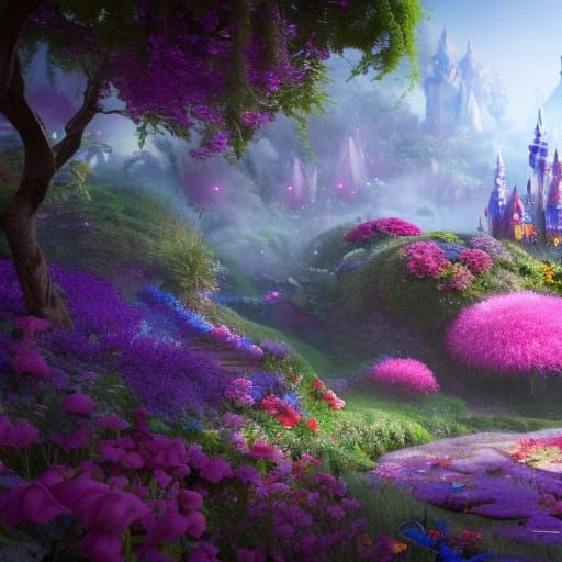 Fantastical Fairy Land with Flowers in Deep Color