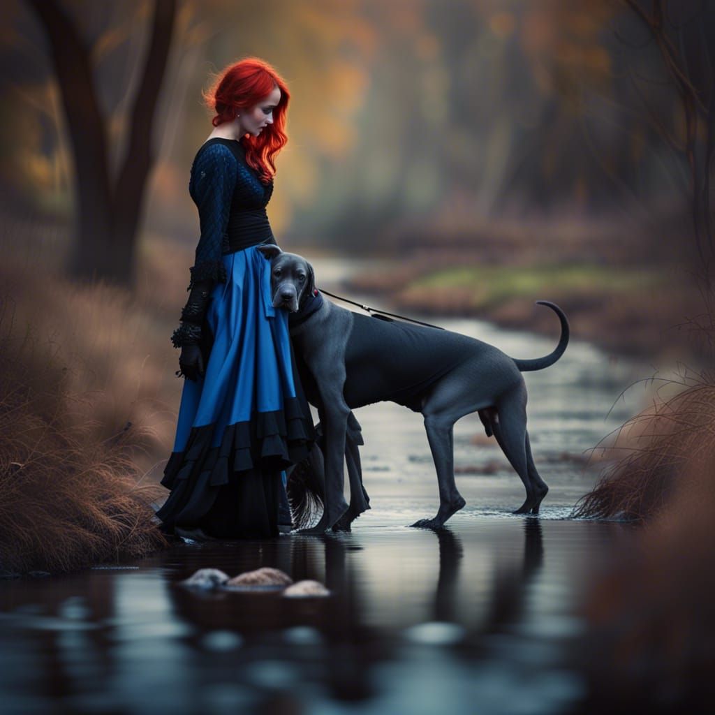 Redhead Goth Girl Walking Blue Great Dane Puppy