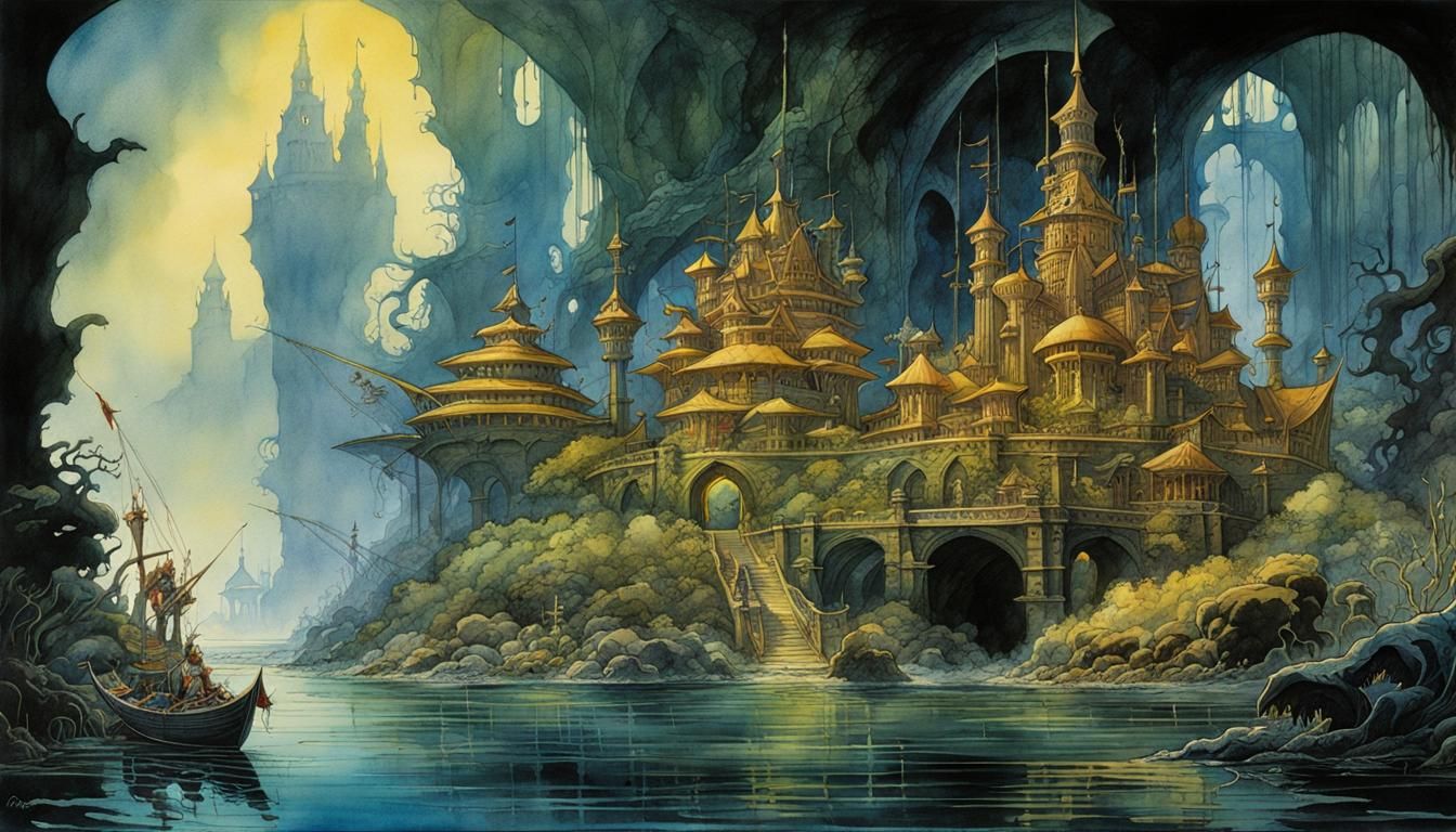 Dark Underwater Kingdom Watercolor Painting