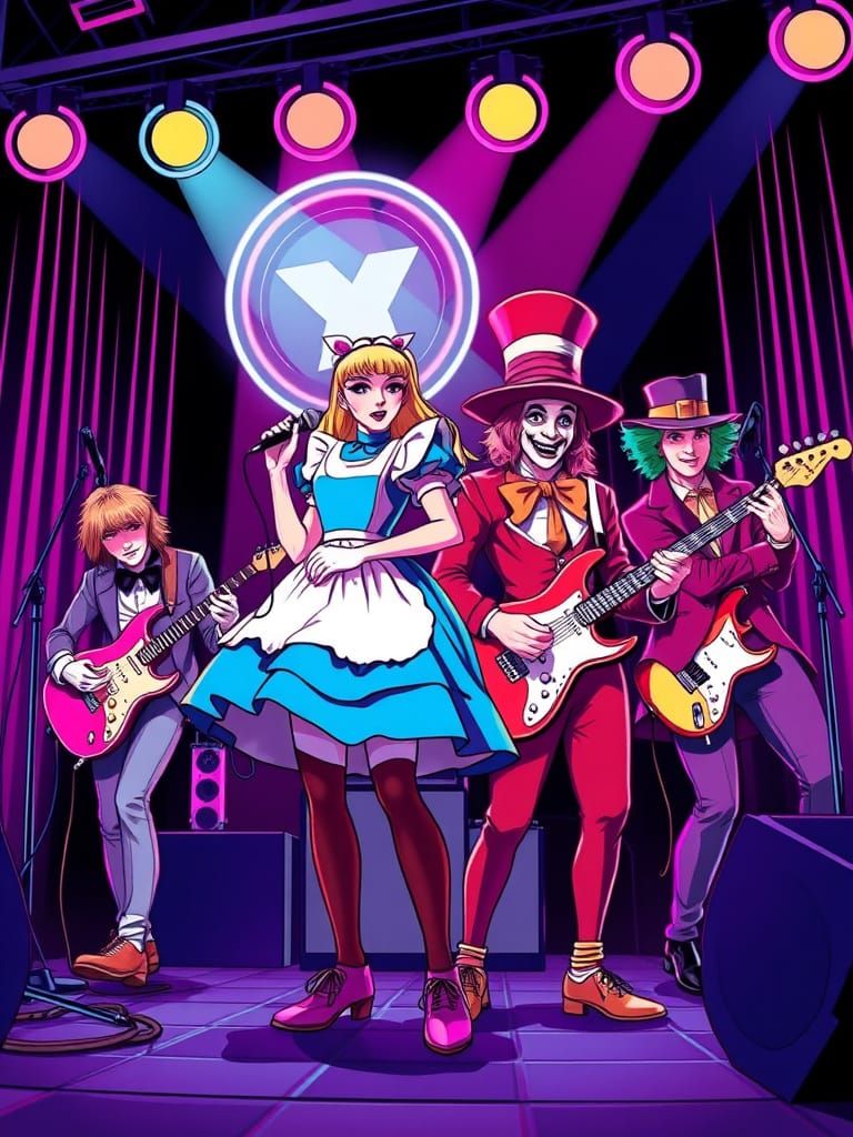 Alice in Wonderland characters as a 1980s synth-pop band
