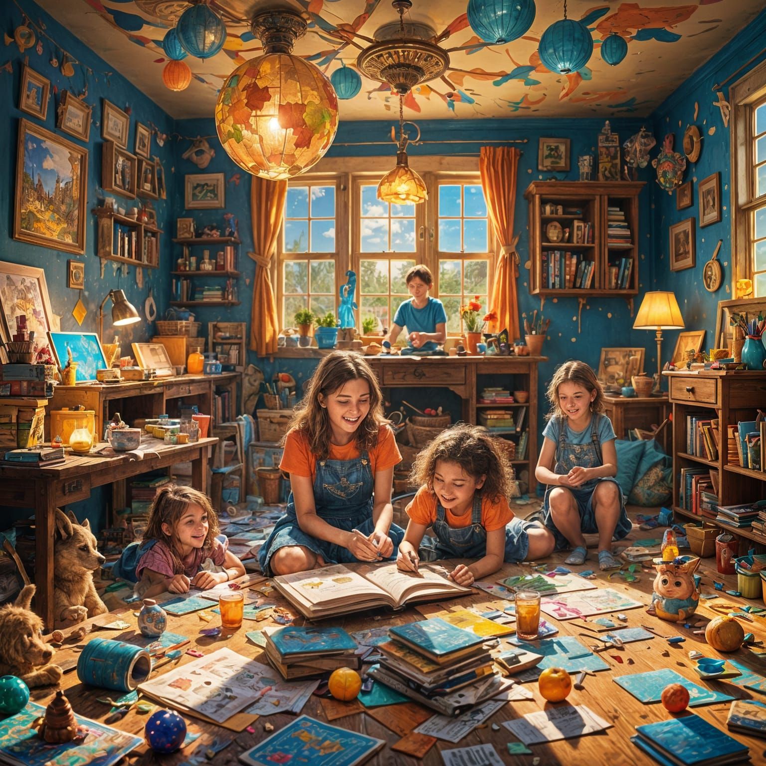 Joyful Homeschooling Scene in Fantasy Art Style
