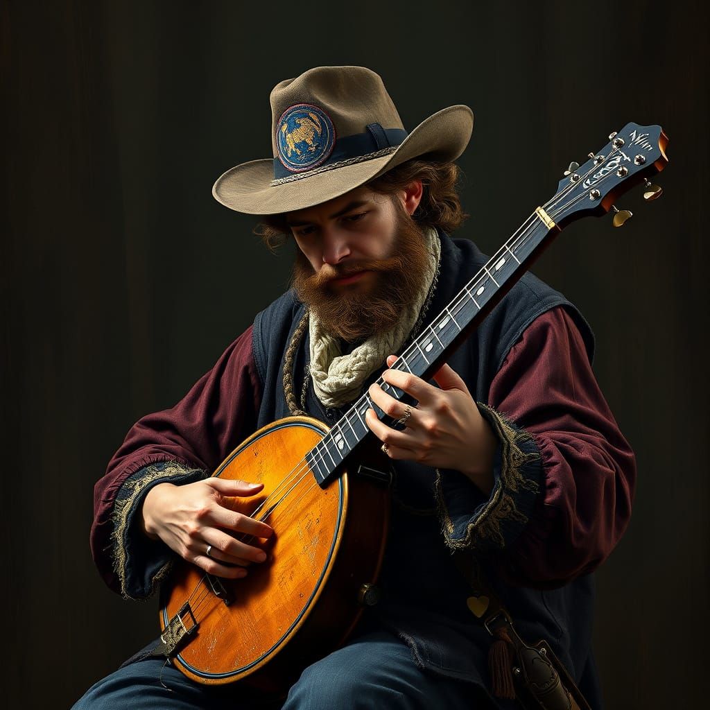 Vermeer-Inspired Banjo Player in Whimsical Fantasy Scene