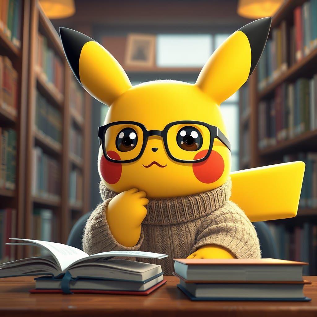 Pikachu in a library wearing a sweater with glasses, thinkin...