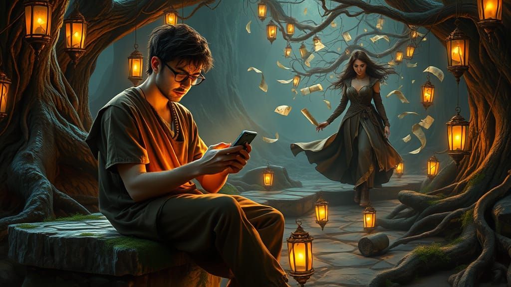 Man Awaits Response in Whimsical, Fantasy Digital Landscape