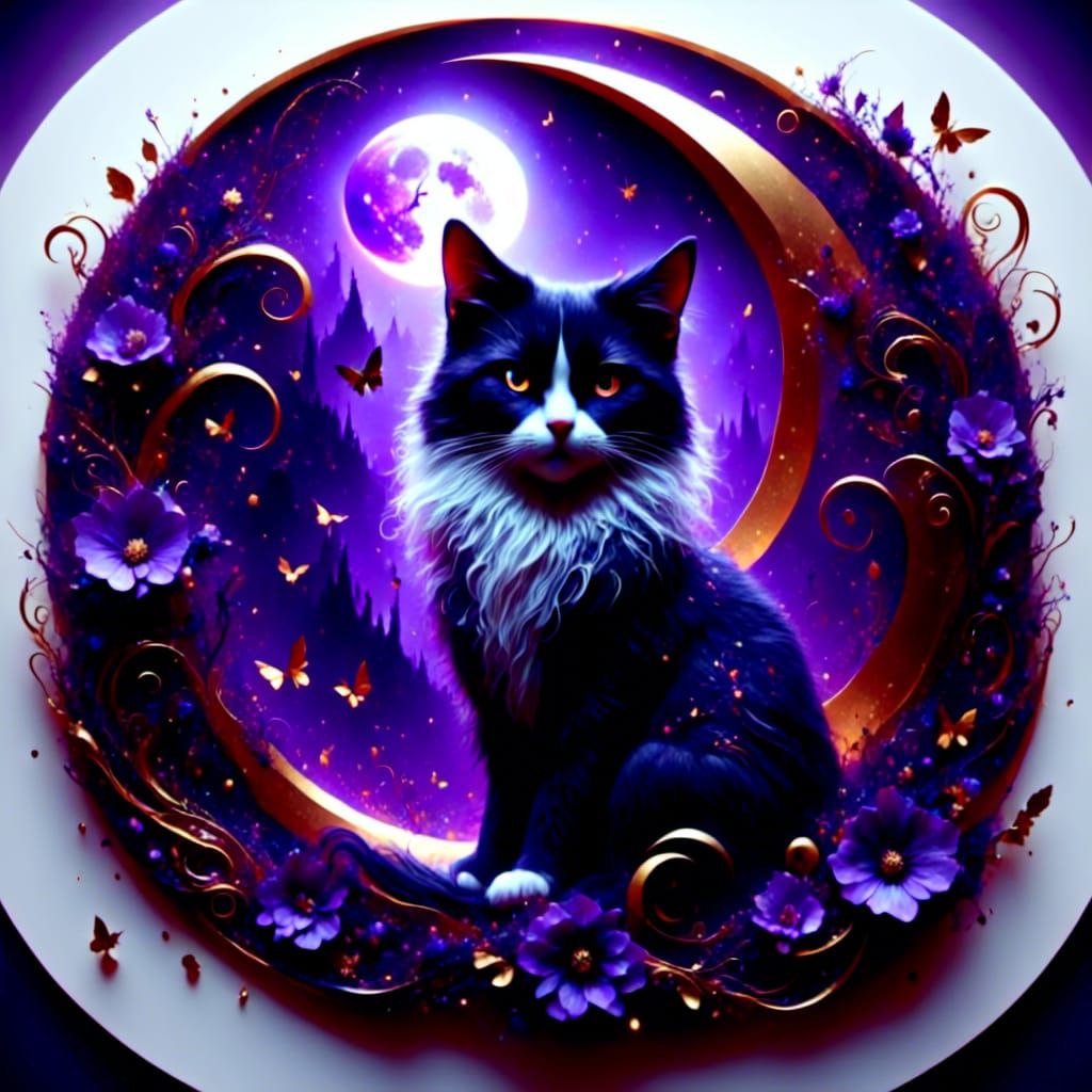 Cat on Crescent Moon with Floral Decorations