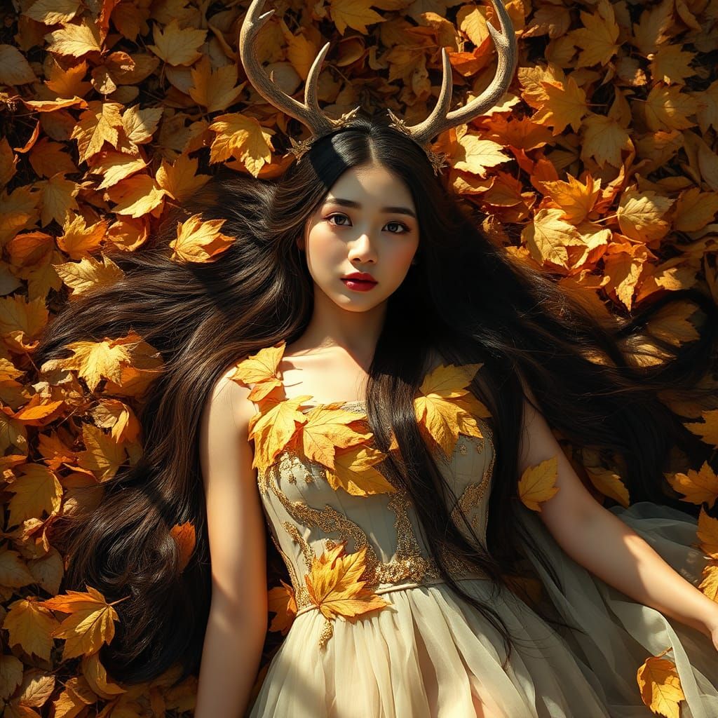 Autumnal Woman with Antlers in Golden Light