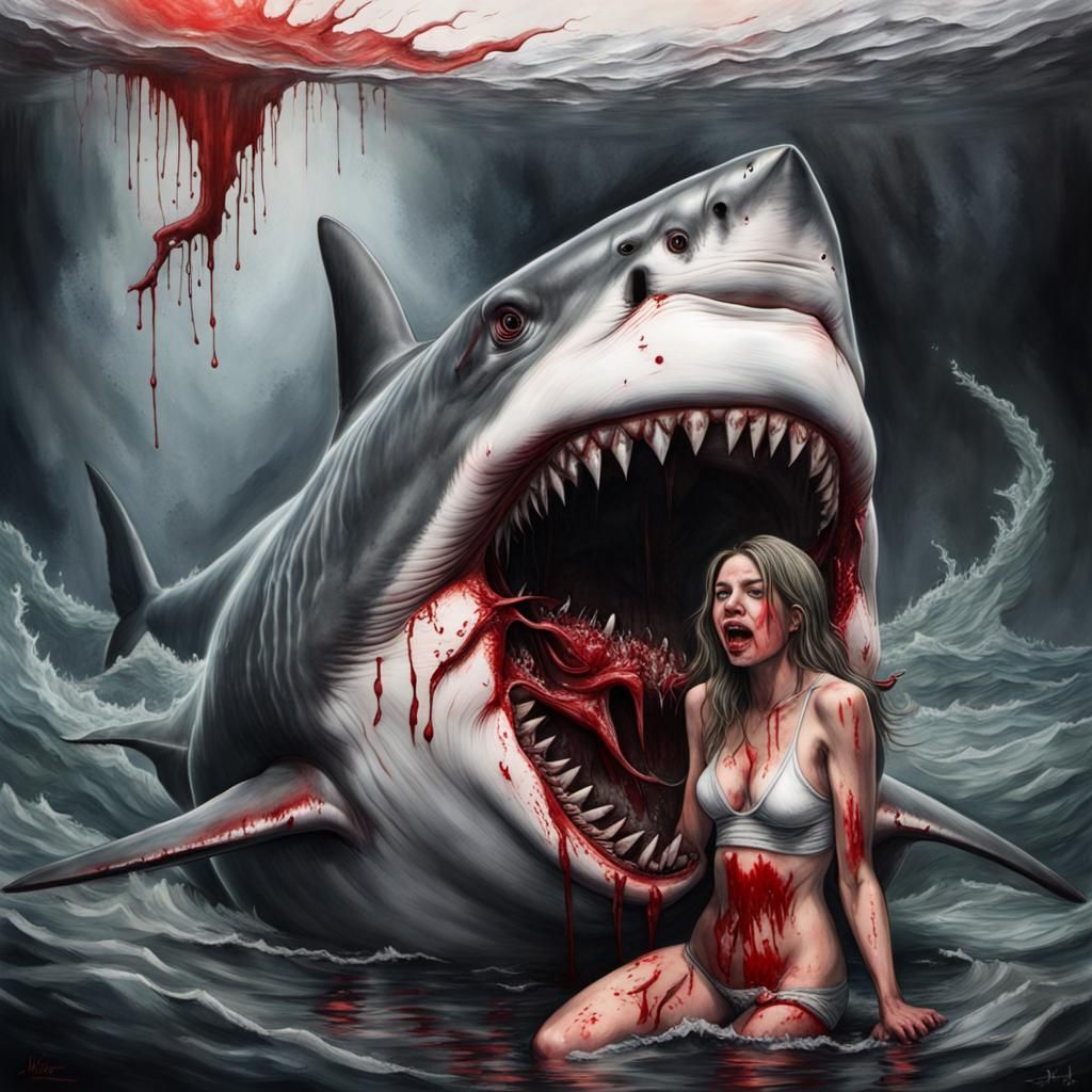 Great White Shark Attack: Hyperdetailed Charcoal Drawing