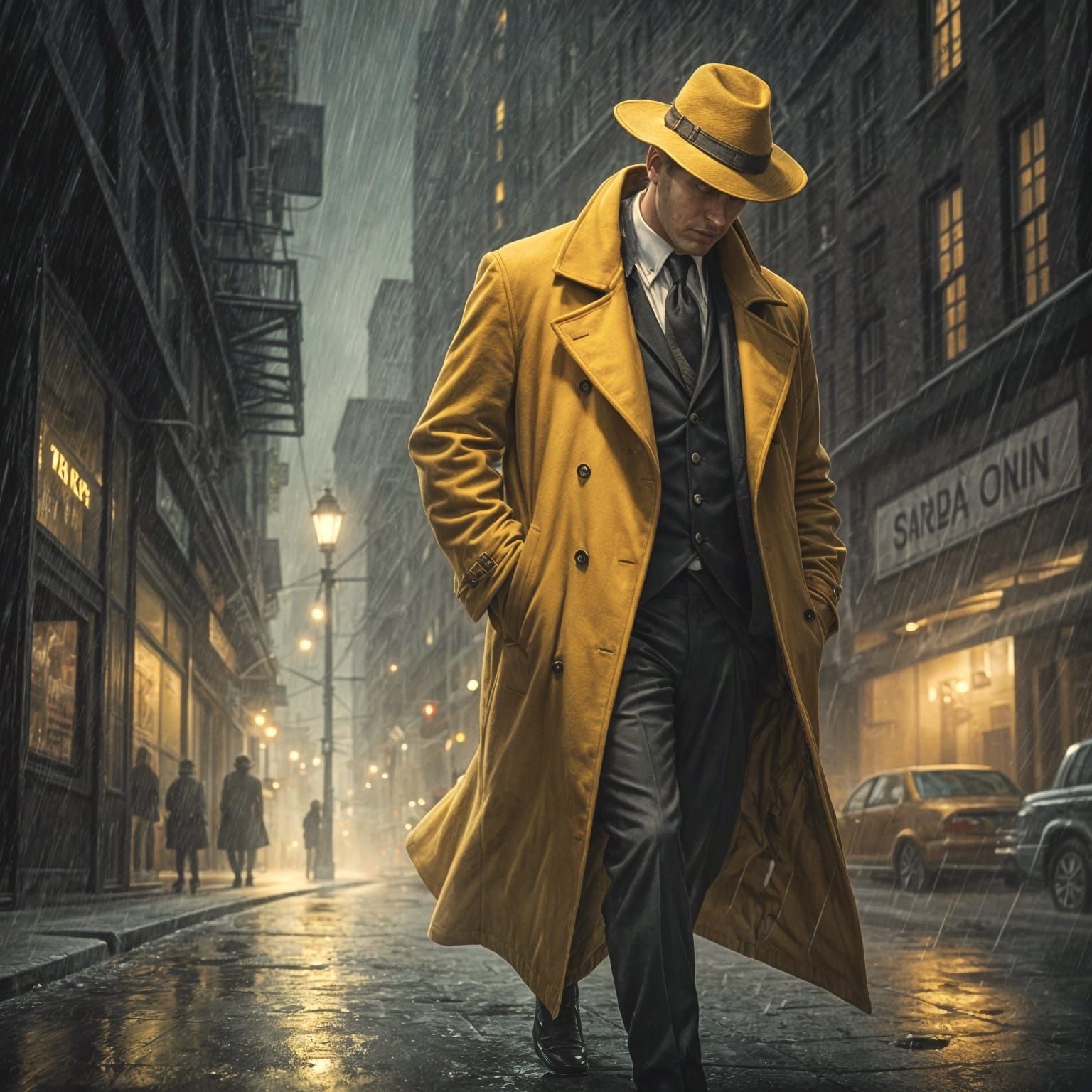 Brooding Detective in Yellow Coat Crossing Rainy Street