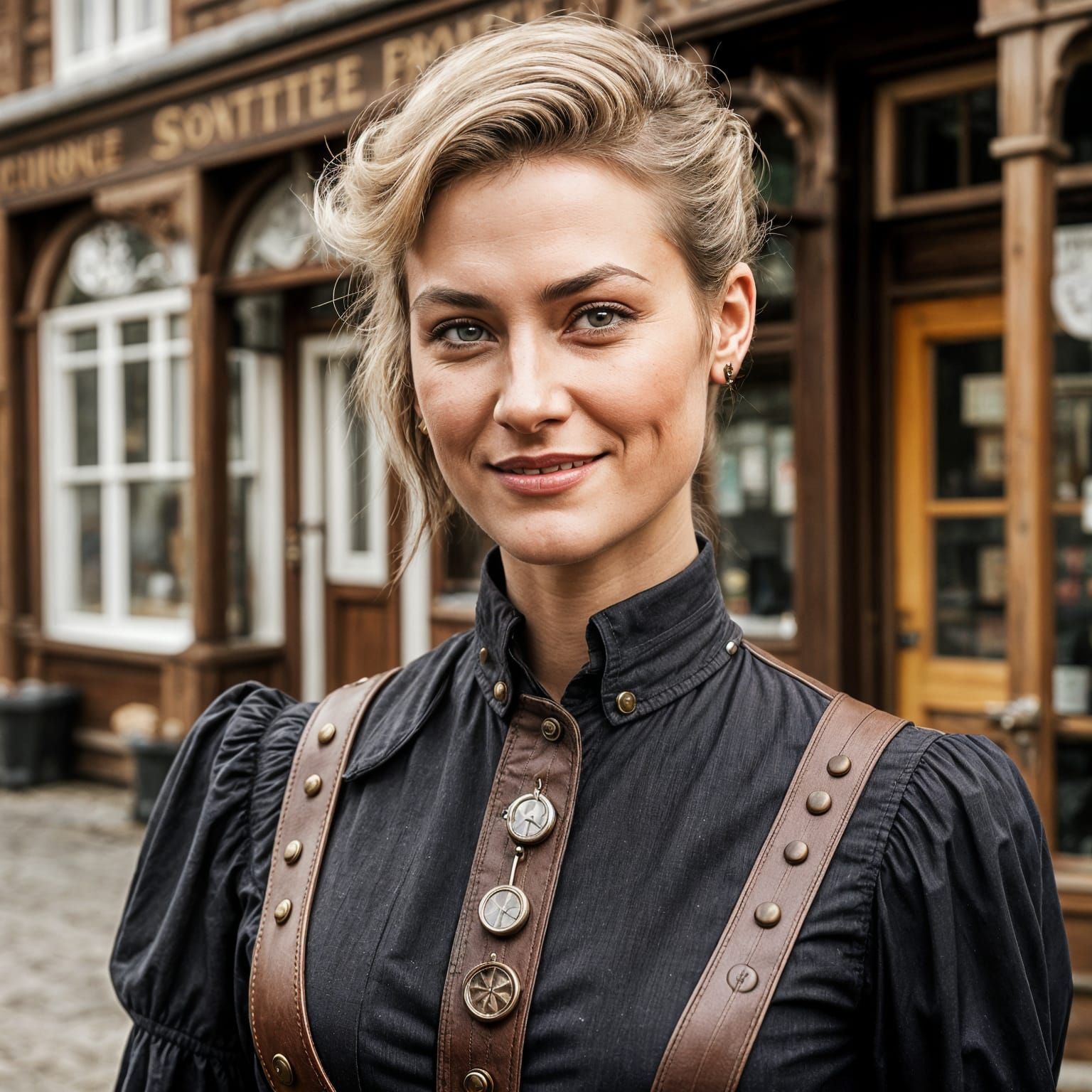 Steampunk Woman in Front of Post Office