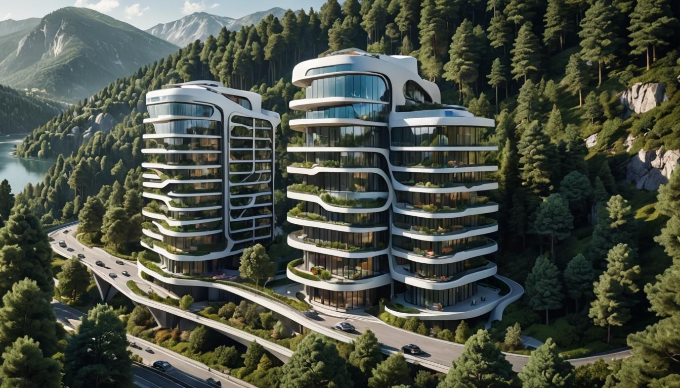 Futuristic High-Rise Apartment Building at Sunset