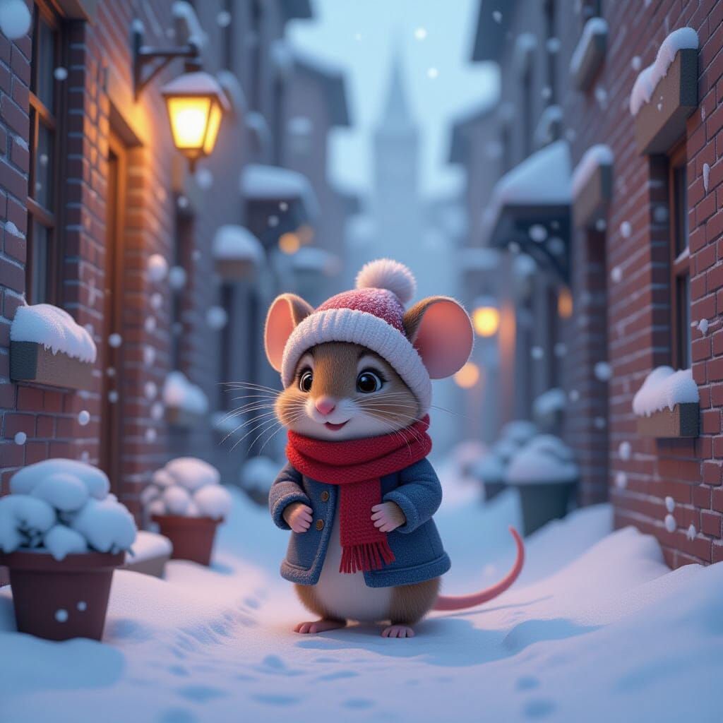 Mouse in Winter Alleyway: Detailed 3D Render