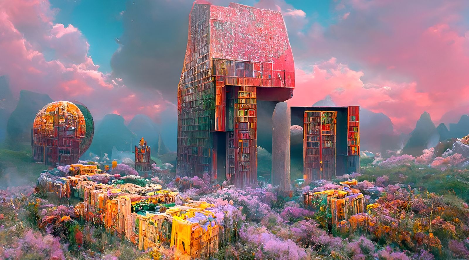 Surreal Brutalist Architecture in a Colorful Fantasy World