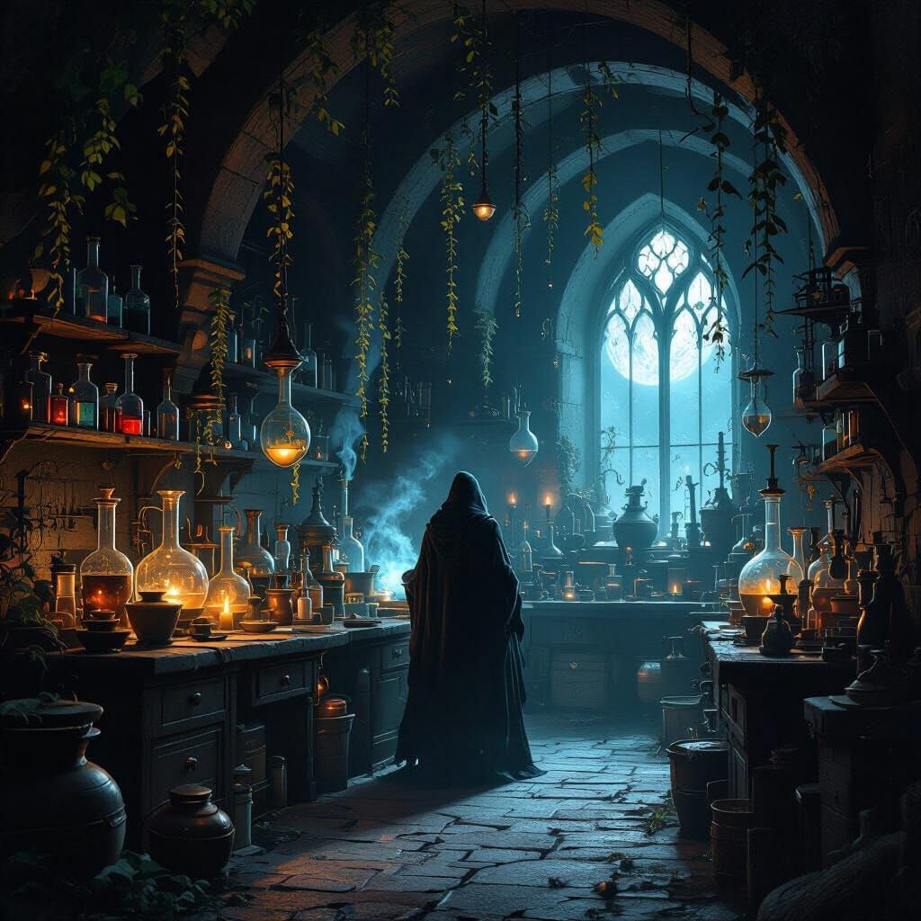 Mystical Alchemist Lab Creating Magical Elixir