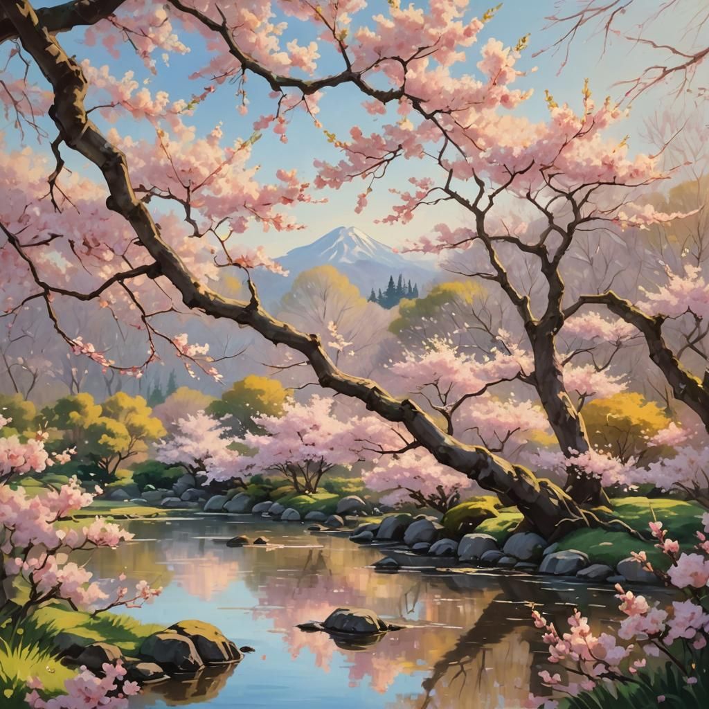 Cherry Blossoms in Japanese Garden, Impressionist Oil Painti...