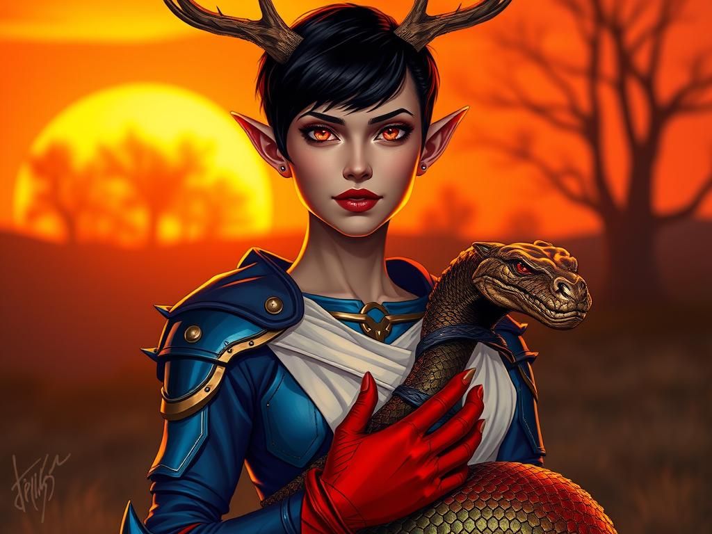 Elven Woman with Serpent and Antlers at Sunset