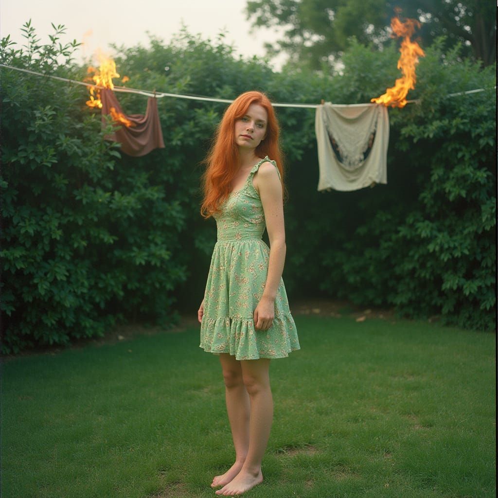 Dreamlike Photo of Woman by Burning Clothesline