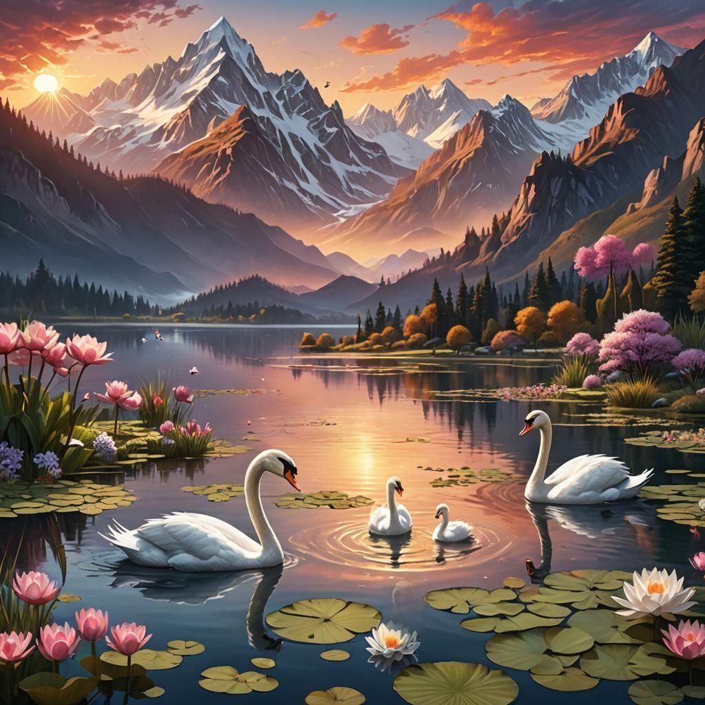Elegant Swans in Mountain Lake Sunset