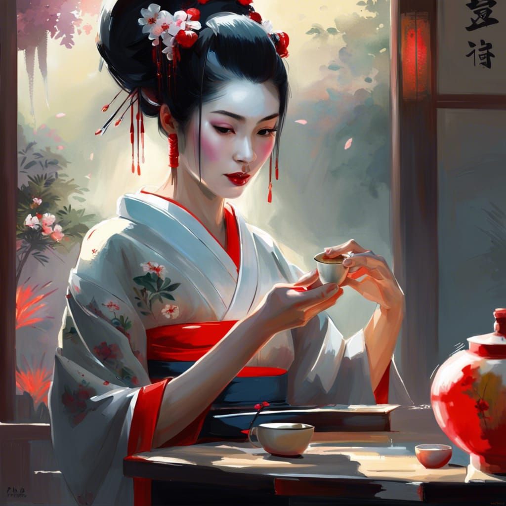 Geisha Serving Tea in Traditional Japanese Ceremony