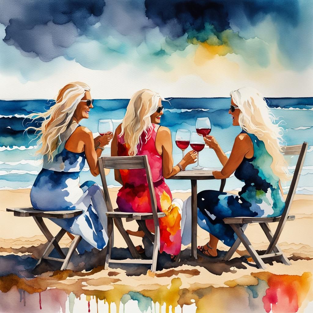 Beach Celebration: Watercolor of Three Happy Ladies