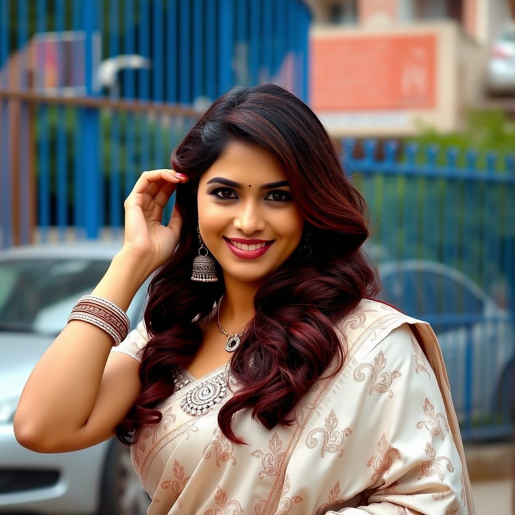 Elegant Woman in Silver Saree with Red Hair