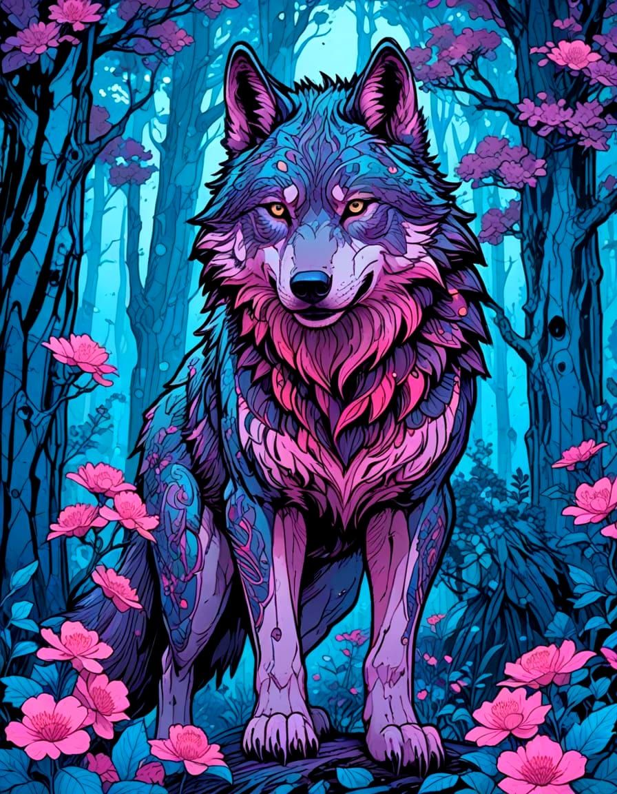 Surreal Wolf Character in Vibrant Fantasy Forest