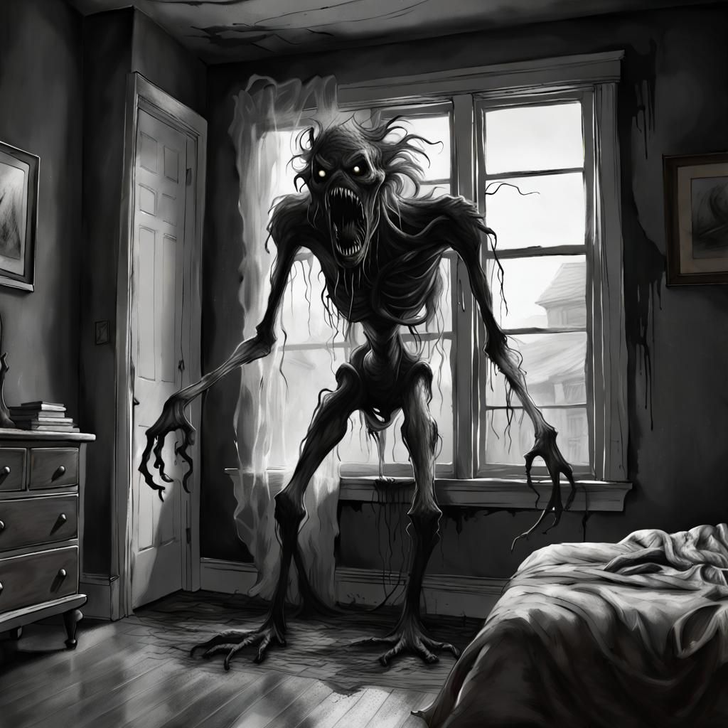 Oozy Monster Lunging Through Window: Charcoal Drawing