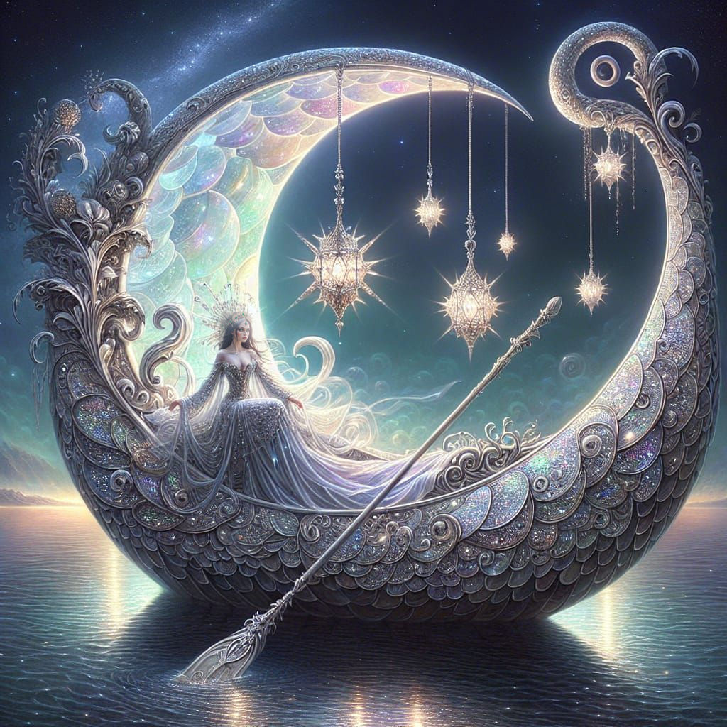 Twilight enchantress sailing across a starlit lake on a drea...