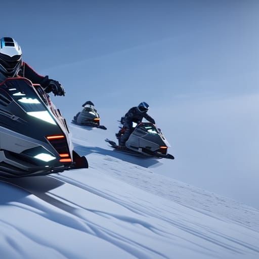 Futuristic Snowmobile Race on Mountain Slope