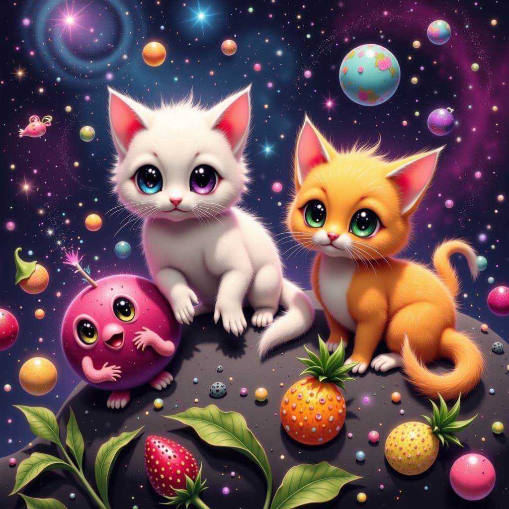 Hyperrealistic Fruit Kittens Play in Cosmic Galaxy