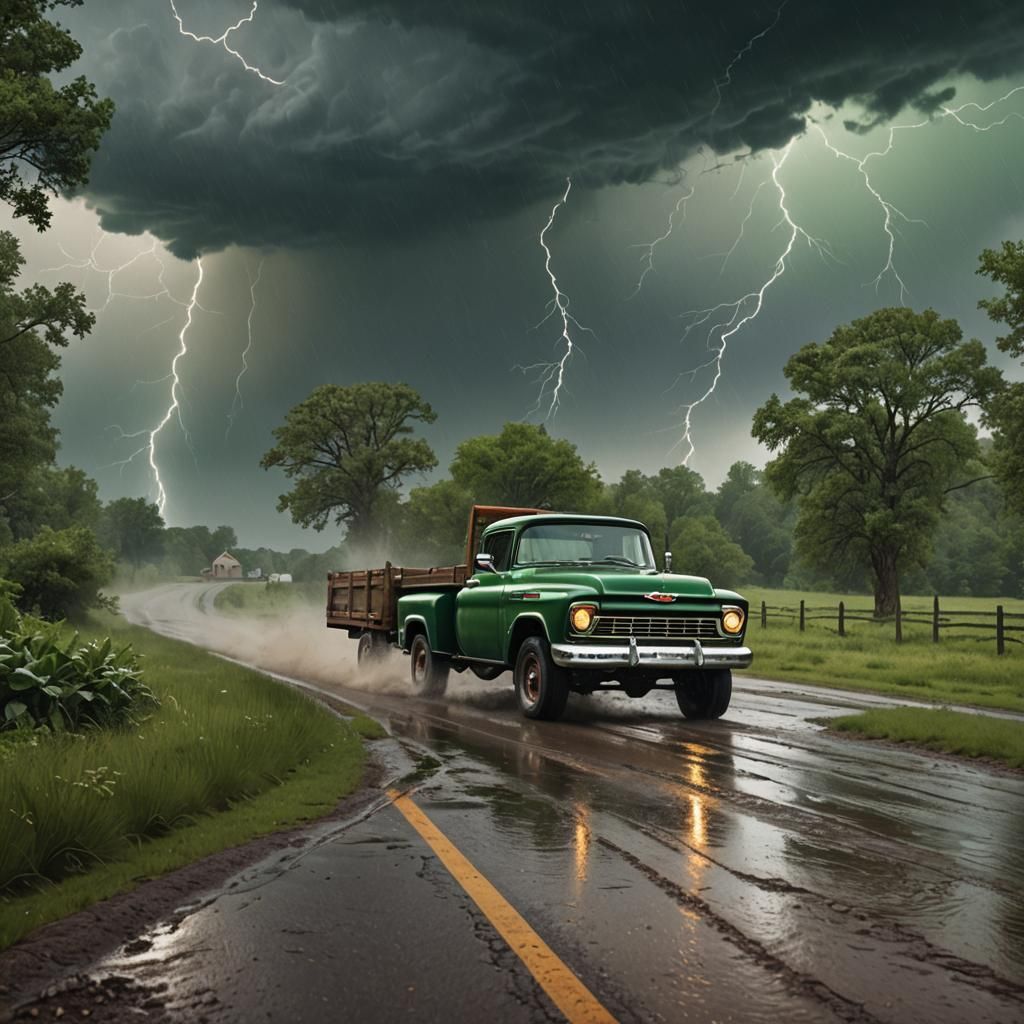 Green 57' Chevy Truck in Thunderstorm: Detailed Matte Painti...
