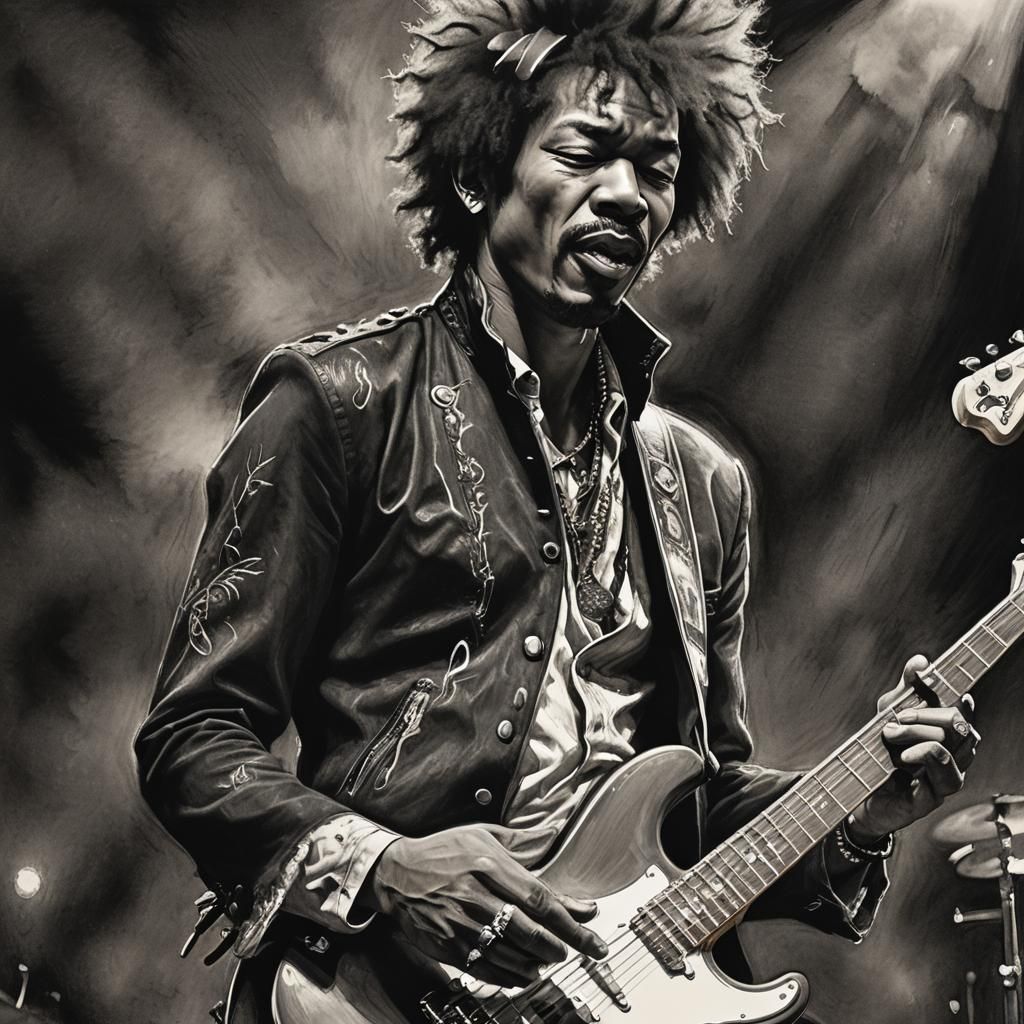 Charcoal Drawing of Hard Rock Band Live on Stage