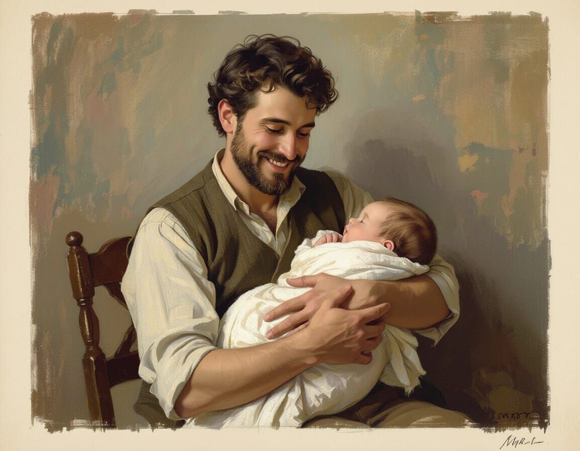 Father Holds Newborn Baby Tenderly, Impressionist Style