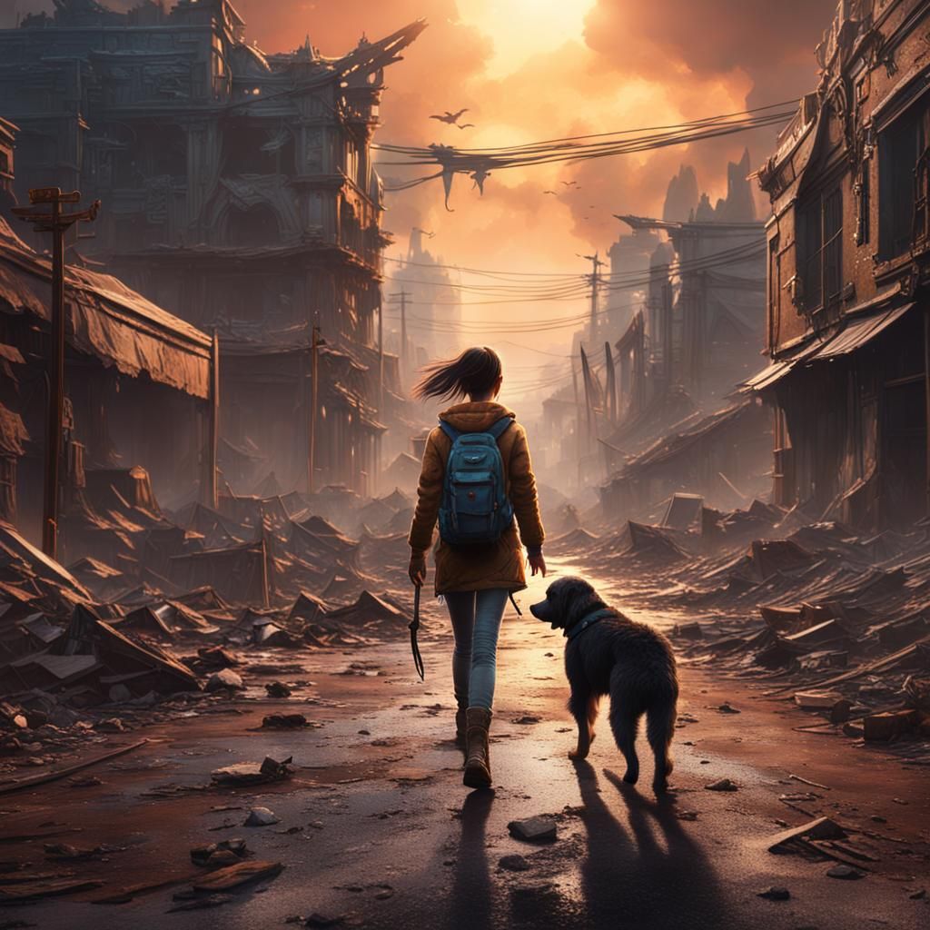 Girl and Dog Walking Through Apocalypse