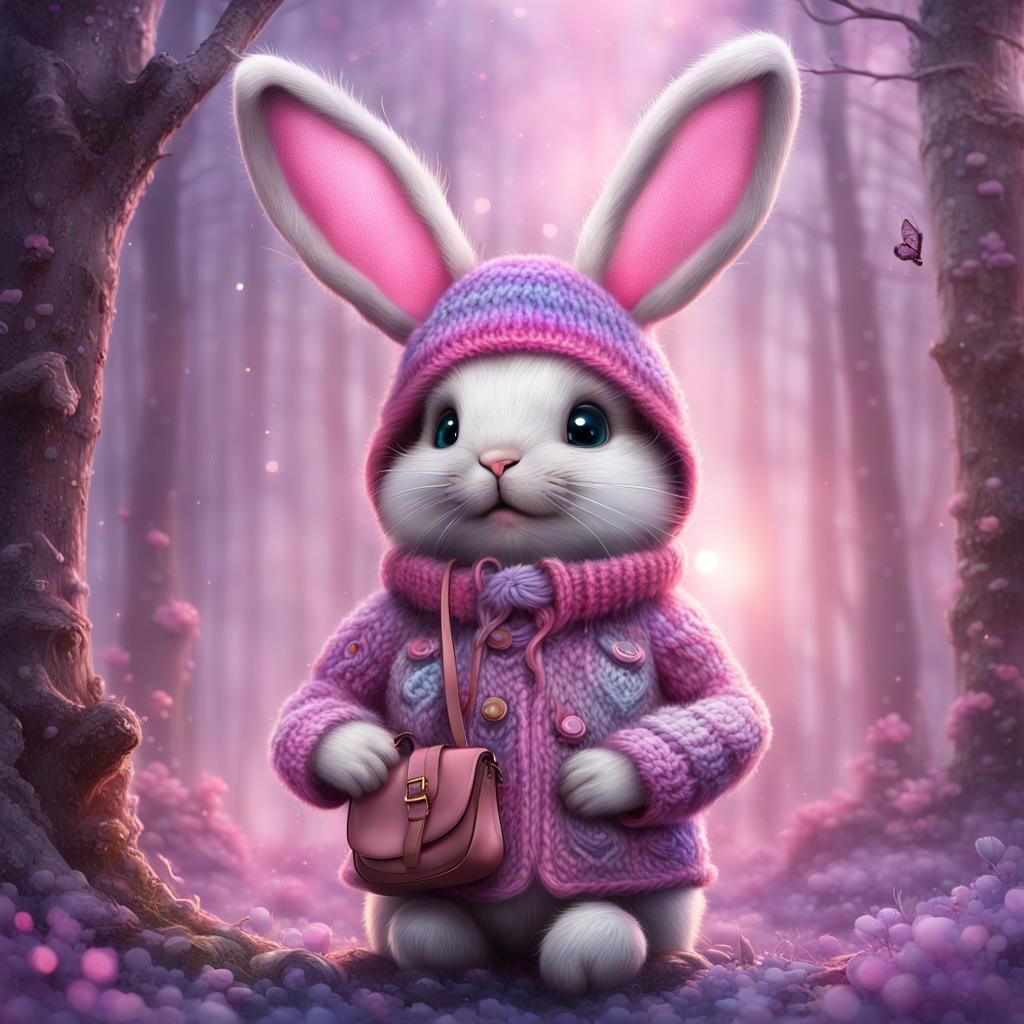 pink cute bunny in a knitted hat, in the midst of flickering...