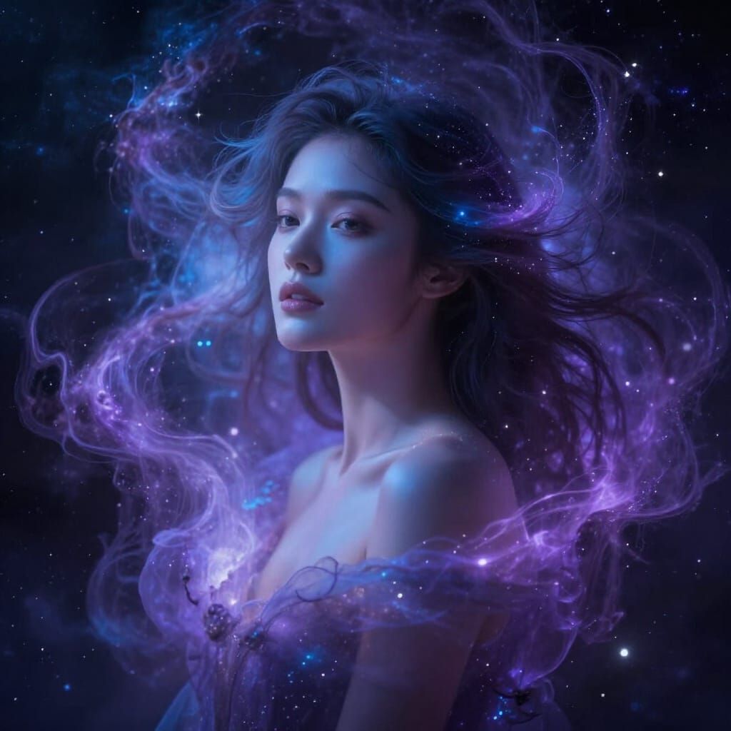 Ethereal Woman in Cosmic Nebula Clouds