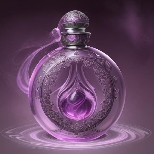 Ornate Flask Displaying Purple Potion with Pink Cloud