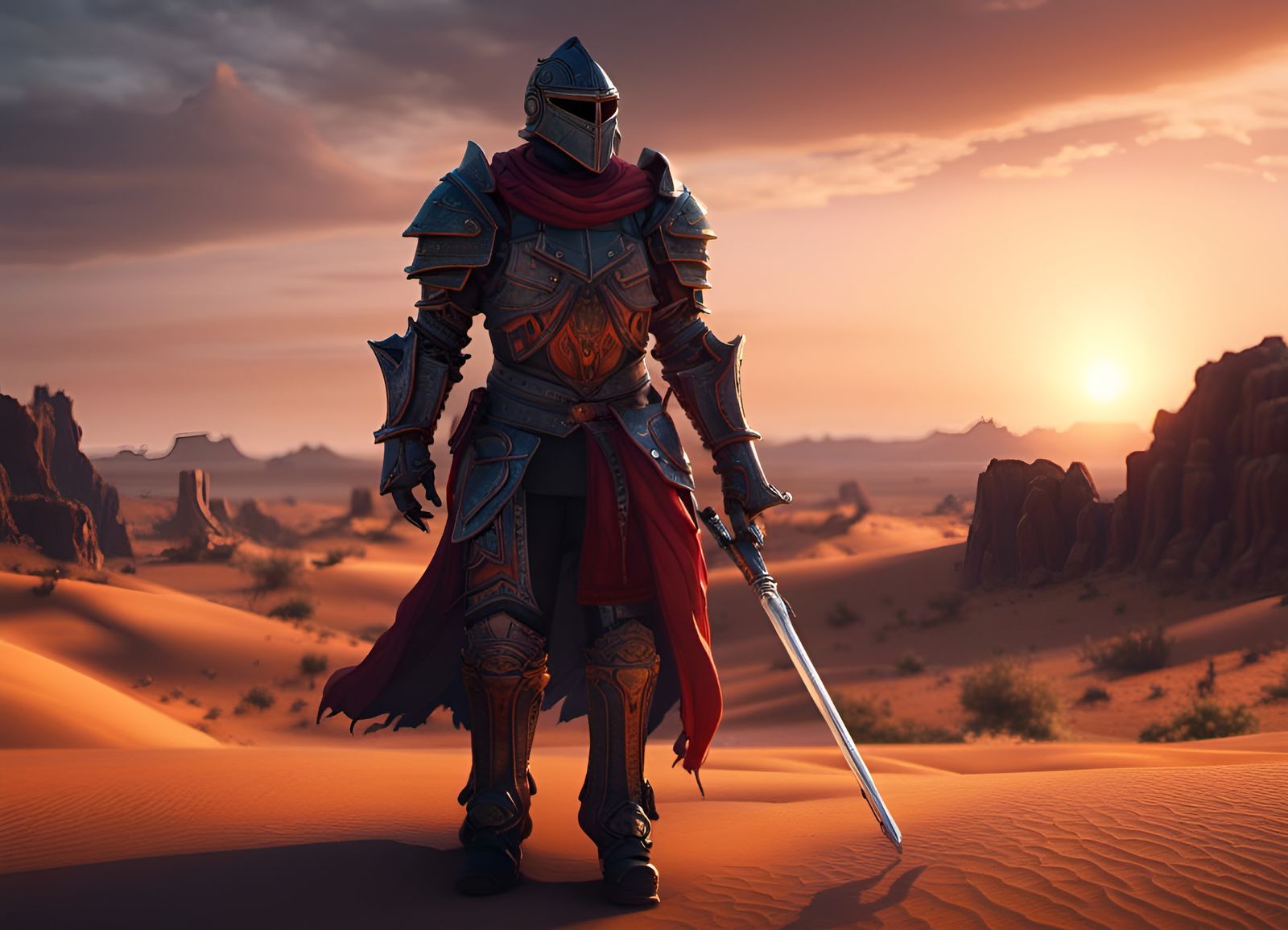 Gothic Knight Walks in Desert Sunset: Dark Fantasy Art