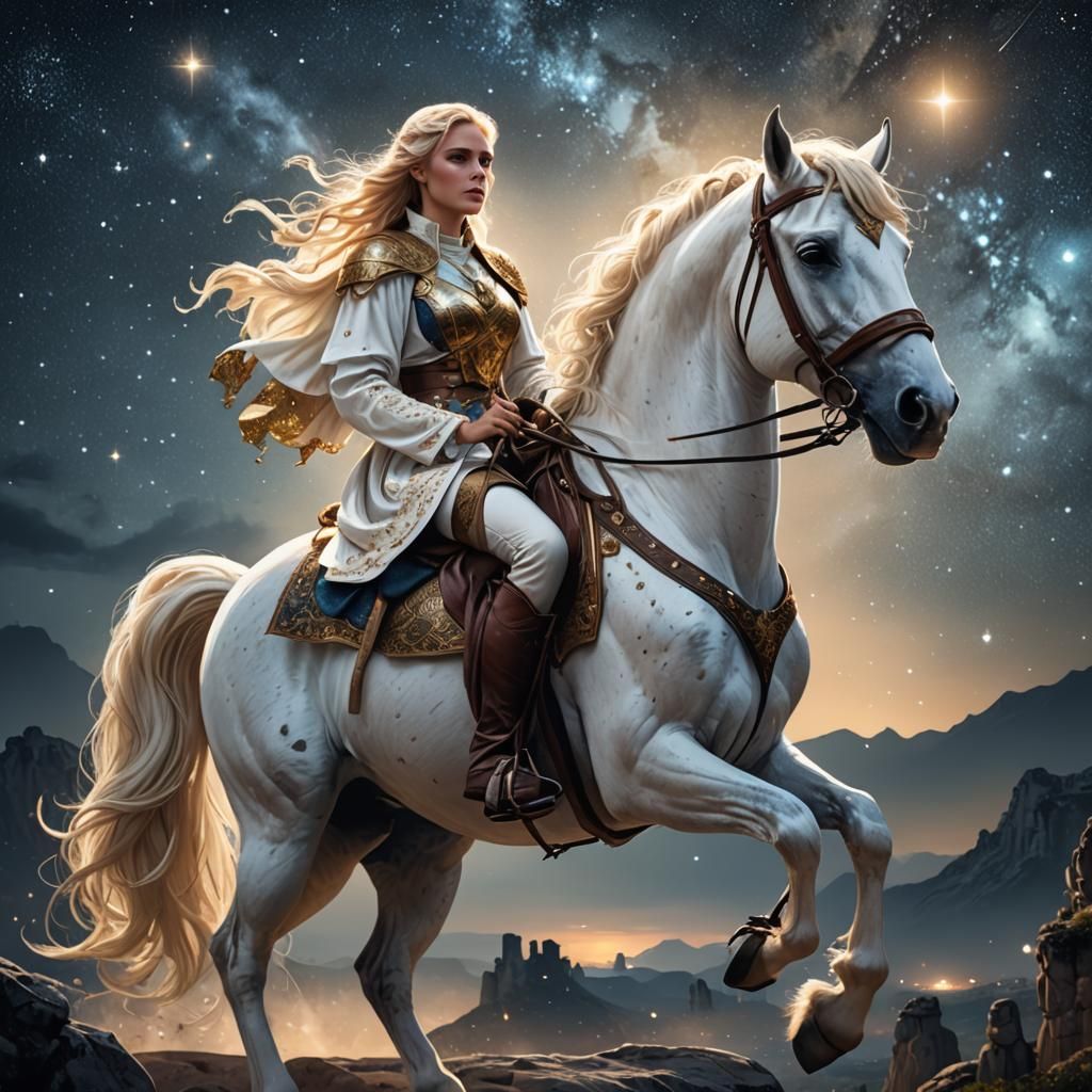 Gallic Goddess on White Horse in Starry Sky