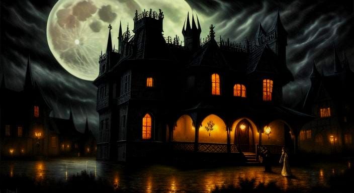 Dracula and Lady Vampire in Stormy Gothic Mansion