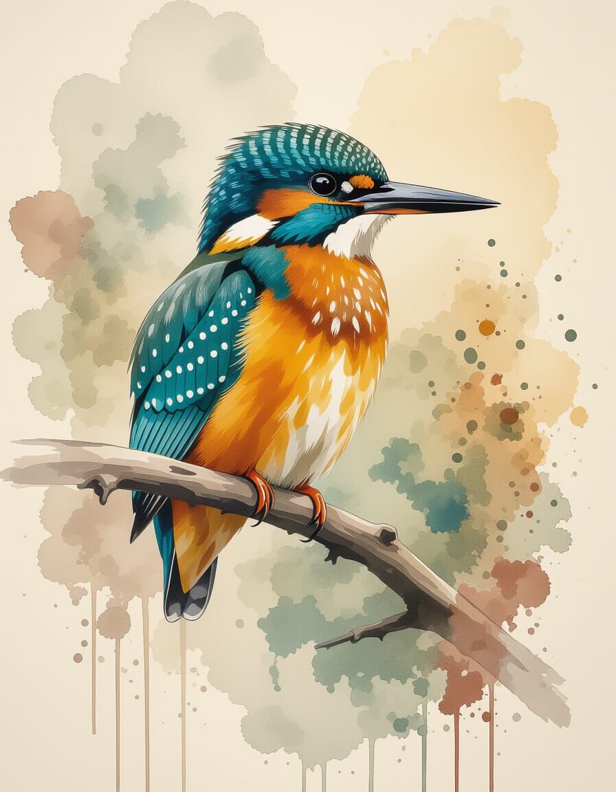 Detailed Kingfisher in Loose Watercolor Style